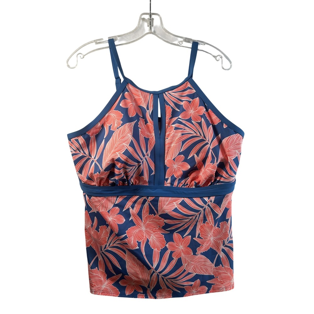 Lands End Womens 18 Tankini Top Blue Coral Tropical Floral High Neck Keyhole